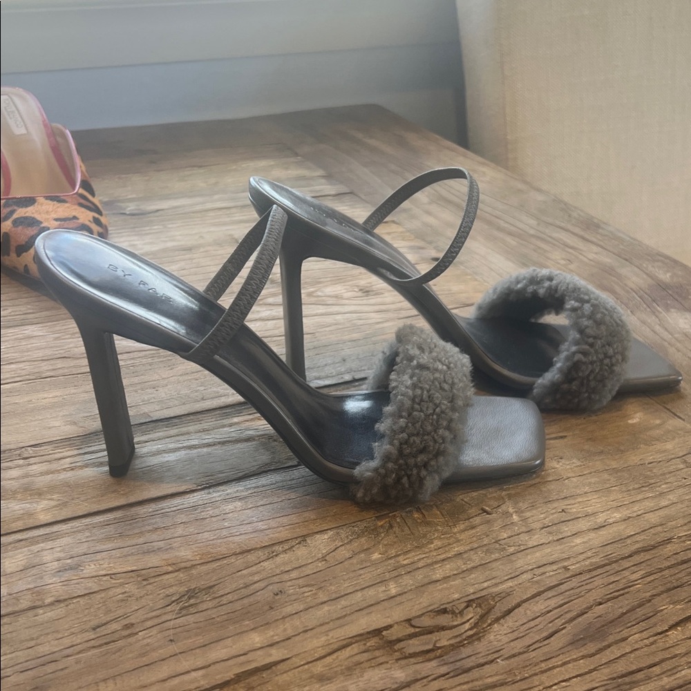 BY FAR Gray Shearling Strap Square-Toe Heels - image 6